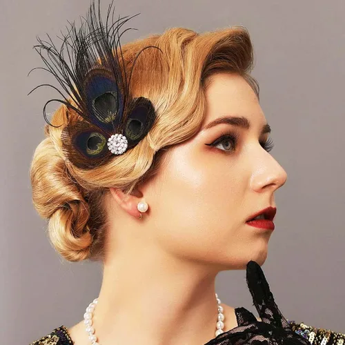 Miniatura 3 de GORTIN Diadema Art Deco con clip de plumas negras de los años 20 con diamantes de imitación de pavo real para mujeres, niñas, fiestas, bailes