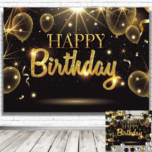 Miniatura 3 de Telón de fondo negro dorado para decoración de fiesta de feliz cumpleaños, cartel de globos dorados con purpurina y estrella para cumpleaños, telón