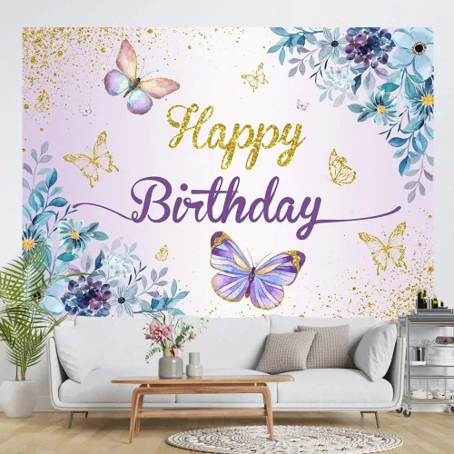 Miniatura 5 de Telón de fondo de mariposa de 7 x 5 pies, diseño de mariposas moradas, besos y deseos de cumpleaños, mariposas azules, flores doradas, fondo
