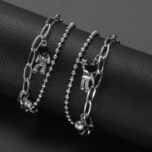 Miniatura 2 de Axbuldo 2PCS Couple Bracelets for Women Men Space Astronaut Pendants Promise Friendship Bracelet Stainless Steel Mutual Attraction Matching