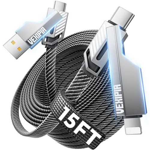Miniatura 19 de Cable USB C ultra corto 4 en 1 de 0.6 pies compatible con cable Lightning [carga rápida y transferencia de datos] cable de carga plano trenzado