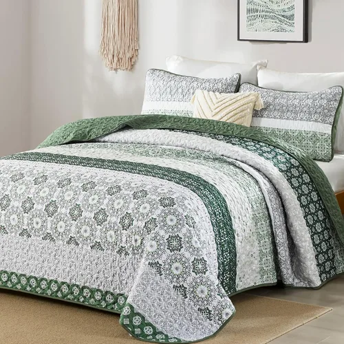 Miniatura 12 de WONGS BEDDING Juego de edredón bohemio tamaño Queen, juego de colcha de retazos a rayas bohemias aguamarina con 2 fundas de almohada, juego de ropa