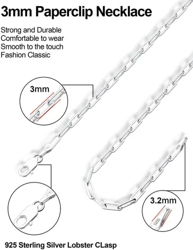 Miniatura 5 de ASDULL 925 Sterling Silver Clasp Paperclip Chain 2345mm Necklace for Women Men Silver Link Chain Necklace for Women 16182022242630 Inches