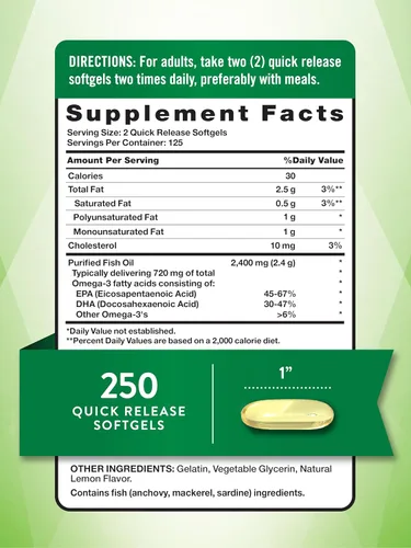 Miniatura 2 de Nature's Truth Aceite de pescado sin eructos de 2400 mg 250 cápsulas blandas 720 mg de Omega 3 Píldoras naturales de sabor a limón
