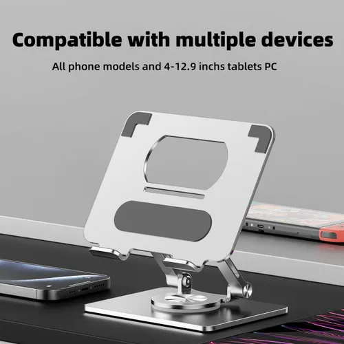 Miniatura 5 de Soporte para iPad, soporte para tableta con base giratoria gruesa de 360°, soporte de aluminio ajustable de doble varilla para todas las superficies