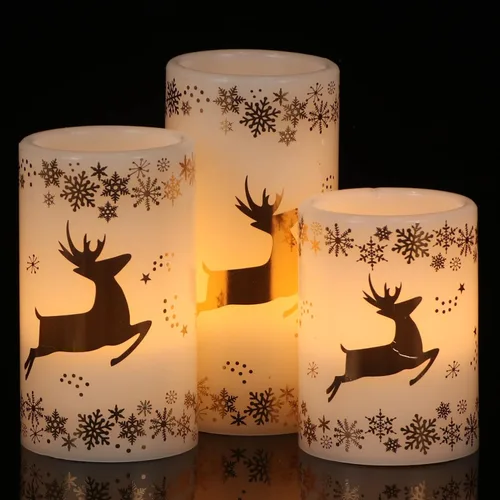 Miniatura 14 de GenSwin Velas de Navidad sin llama con temporizador remoto, juego de 2 velas LED de Navidad que funcionan con pilas con casa de nieve, Papá Noel