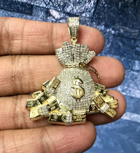 Miniatura 3 de TGDJ Colgante de bolsa de dinero de oro amarillo de 10 quilates, colgante de pilas de 100 dólares para hombres, dije de 1.85 pulgadas, 0.97 quilates