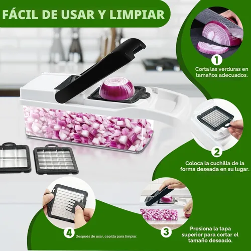 Miniatura 5 de Picador de verduras, cortador de 10 cuchillas para cortar cebolla, cortador de alimentos con mandolina vegetal Multi 23 en 1 para tomate fruta, Negro