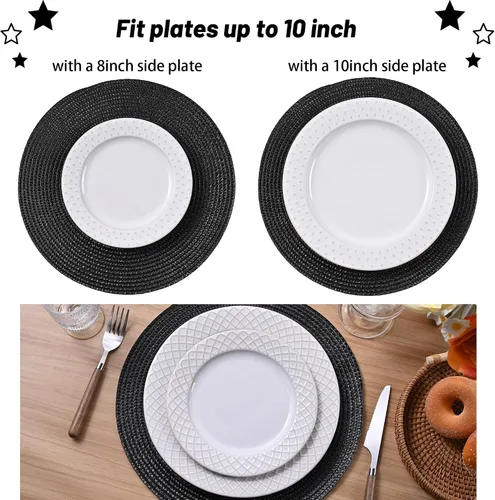 Miniatura 38 de Feuille Juego de 4 manteles individuales redondos trenzados para mesa de comedor, tejidos, lavables, antideslizantes, 13.5 pulgadas