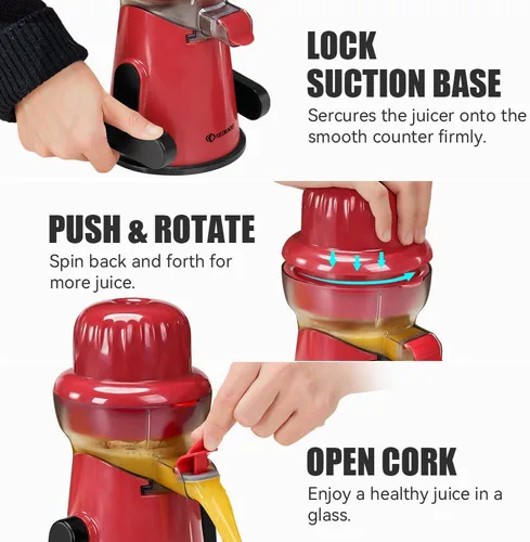 Miniatura 5 de KEOUKE Exprimidor manual de cítricos Torre Roja – Desmontable con almacenamiento de jugo, base de succión antideslizante, fácil de limpiar, incluye