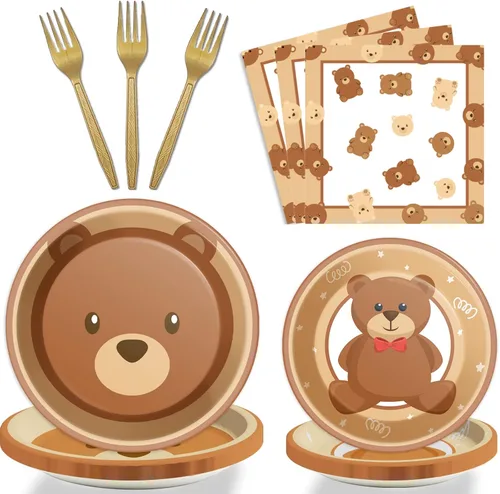 96 piezas de platos de fiesta de baby shower con tema de oso, decoraciones con texto en inglés «We Can Bearly Wait», vajilla para bebé con tema de
