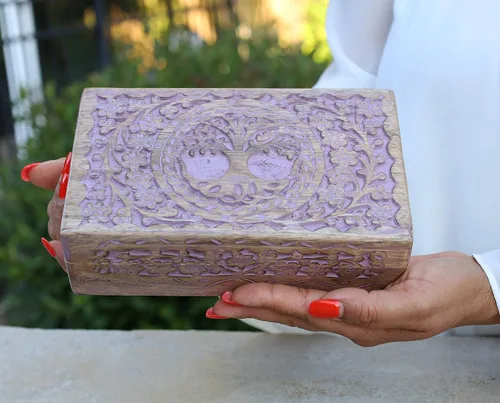 DharmaObjects Caja de madera tallada a mano grande del árbol de la vida, almacenamiento de recuerdos, multiutilidad Morado