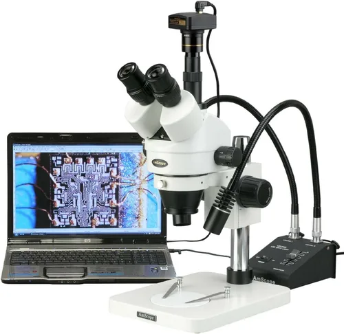 Miniatura 4 de AmScope SM-1TSW2-L6W Microscopio profesional de zoom estéreo trinocular, WH10x y WH25x, aumento 3.5X-225X, objetivo de zoom 0.7X-4.5X, luz LED