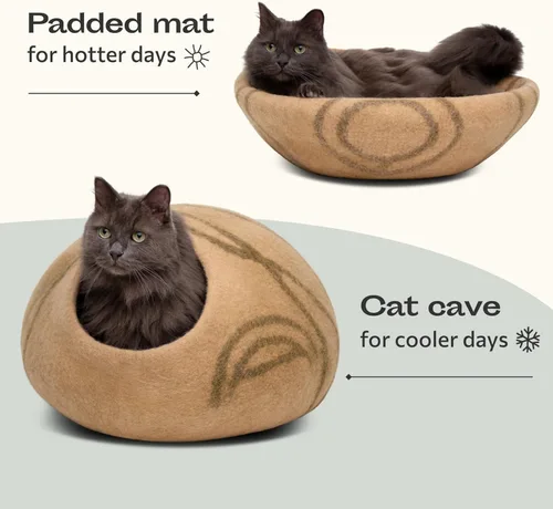 Miniatura 4 de MEOWFIA Cueva para gatos – Cama de fieltro premium para gatos de interior, hecha a mano 100% lana de merino, gato (Beige, Grande)