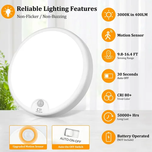 Miniatura 4 de Paquete de 2 luces de techo LED con sensor de movimiento operadas por batería para interiores, lámpara de montaje empotrado inalámbrica regulable
