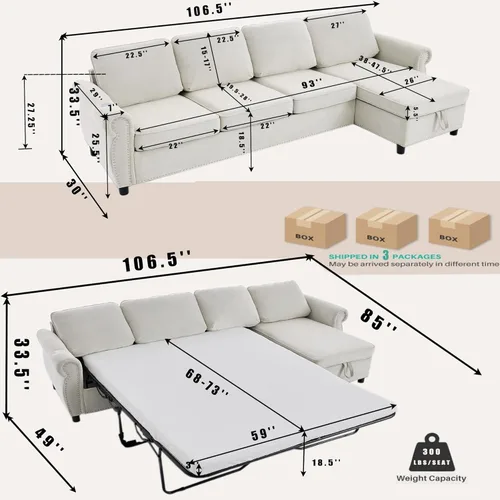 Miniatura 3 de 106" L Shaped Pull Out Sofa Bed, Modern Modular 4 Seater Storage Couch, 2-in-1 Sleeper Sofa Bed with Reversible Chaise and Wireless&USB Ports
