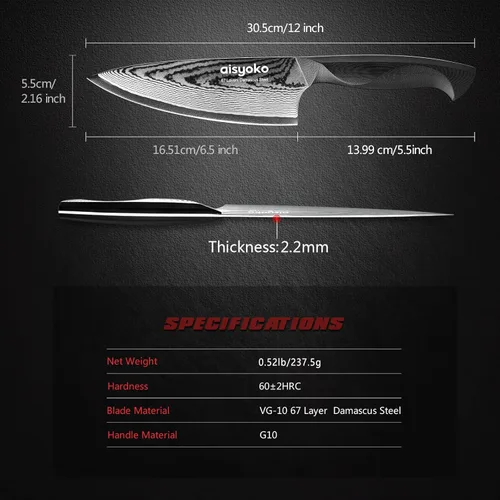 Miniatura 5 de aisyoko Damasco - Cuchillo de chef de 6.5 pulgadas, cuchillo de cocina afilado Japón VG-10, acero inoxidable al carbono, ultra afilado, mango