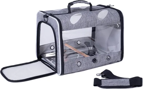 Miniatura 5 de Porta pájaros de viaje con soporte y percha, jaula transpirable para loros, portador de pájaros para senderismo, aprobado para aerolíneas Gris