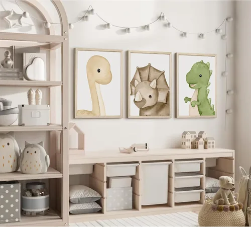 Miniatura 7 de Arte de pared de dinosaurio para habitación de niños, lienzo para decoración de pared de dinosaurio para niños, arte de pared de guardería