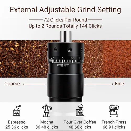 Miniatura 4 de Molinillo de café manual con ajuste numérico externo ajustable, rebabas cónicas de acero inoxidable, manivela manual para café frío, expreso, prensa