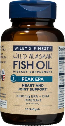 Wiley's Finest Wild Alaskan Fish Oil Peak EPA - Triple Strength Peak EPA y DHA - 1000 mg Omega-3, certificado SQF, 30 cápsulas blandas (30 porciones)