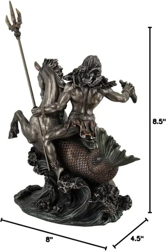 Miniatura 5 de Zeckos Poseidón griego Dios del mar sosteniendo Tridente en hipocampo Estatua de mesa de metal marrón oscuro/negro