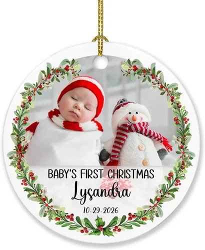 Miniatura 22 de Adorno de Navidad de la segunda Navidad del bebé 2026, marco de fotos de corona, adorno de segunda Navidad para papá, mamá, nombre de bebé