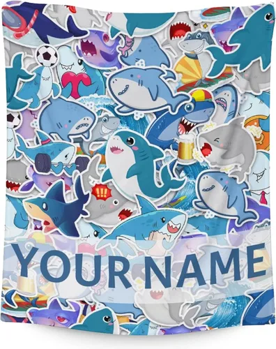 Miniatura 9 de Manta de tiburón personalizada con nombre, 30 x 40 pulgadas, lindas mantas de tiburón para niños y niñas, manta de felpa suave y mullida azul claro