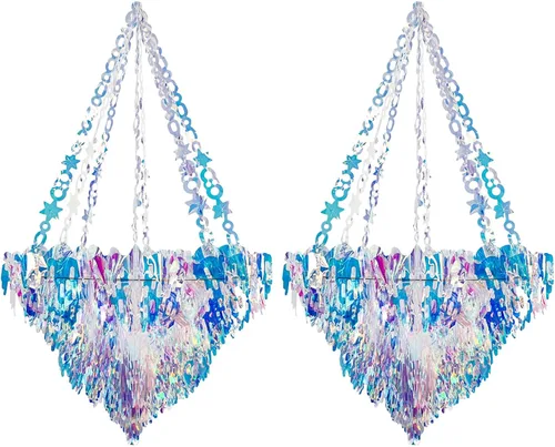 2 piezas de 30 pulgadas de adorno colgante de techo de forma de candelabro iridescente de papel de aluminio transparente, adornos decorativos