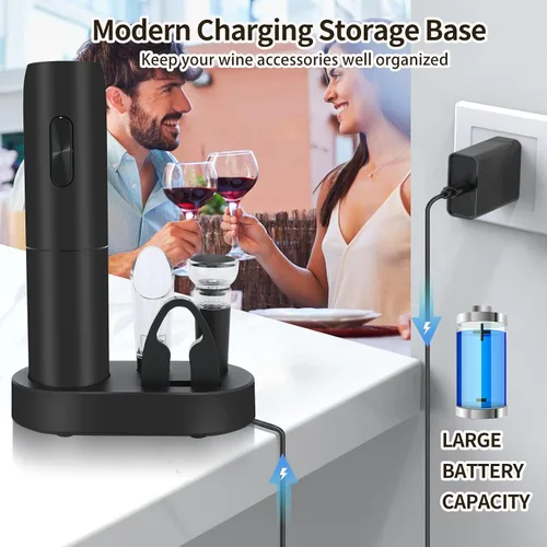 Miniatura 4 de VIDYSUFYR Juego de abridor eléctrico de botellas de vino con base de carga, negro, abridor automático de botellas de vino con luz LED, kit