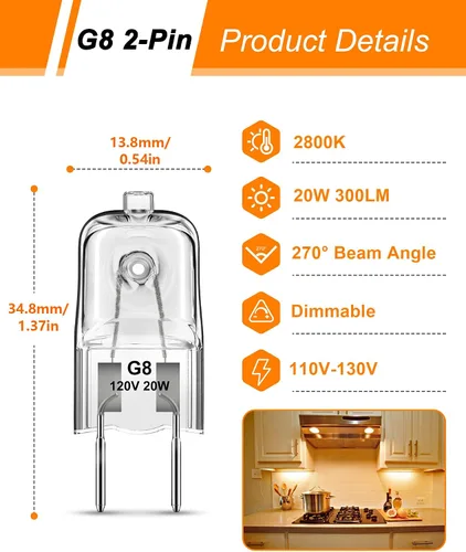 Miniatura 2 de Bombillas halógenas Flaspar G8, bombilla halógena de 20 W G8 con base de doble clavija, bombilla de 120 V regulable T4 tipo JCD para luz de campana