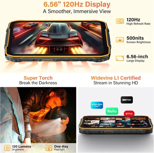 Miniatura 7 de Ulefone Rugking 4 Pro 8+128GB 6.56" HD+ 120Hz pantalla, batería 10000mAh, cámara principal de 48MP Android 15 OS desbloqueado Smartphone-Negro