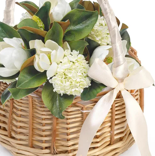 Miniatura 5 de Lyellfe Paquete de 2 canastas de mimbre hechas a mano con cinta de seda con asa, cesta decorativa para huevos y dulces para regalos, bodas