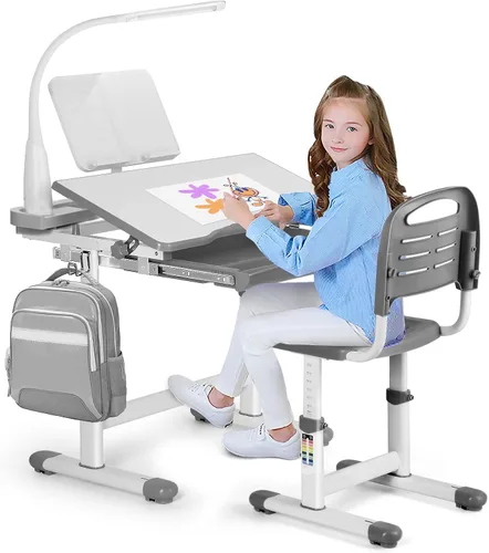 Miniatura 10 de Artist hand Kids Study Desk and Chair Set Height Adjustable Children School Table Large Writing Board Desk with LED Lamp Pull Out Drawer Pencil Case