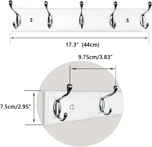 Miniatura 7 de Perchero de pared con 5 ganchos plateados de madera, 17.3’’, Ganchos resistentes para colgar ropa, sombrero, mochila, etc., Gran decoración moderna
