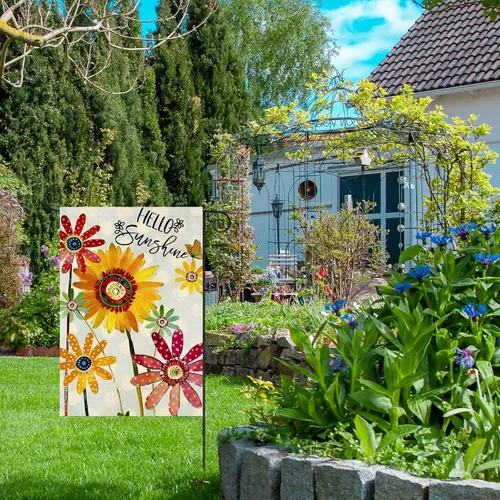 Miniatura 2 de Bandera de jardín de flores de verano de 12 x 18 pulgadas, de doble cara, banderas de jardín pequeñas con diseño de margaritas y girasoles de Hello