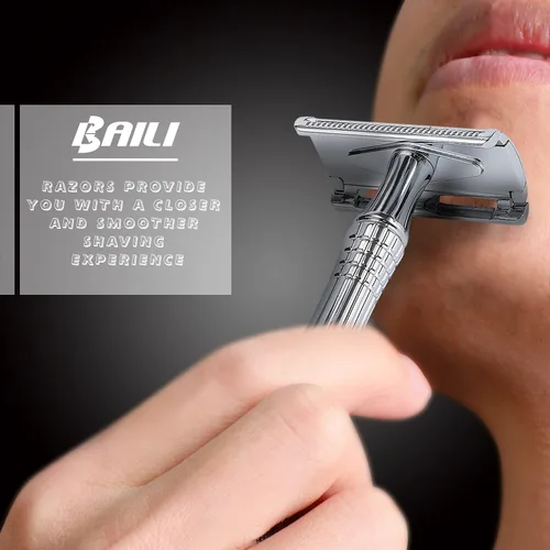 Miniatura 3 de BAILI Afeitado húmedo clásico de 3 piezas de doble filo para hombres y mujeres con hoja de platino y estuche de viaje con espejo BD176
