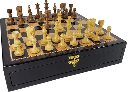 HPL Juego de ajedrez de madera de acacia y boj natural de 3 1/2 pulgadas con tablero de almacenamiento de color nogal oscuro y arce de 17 pulgadas
