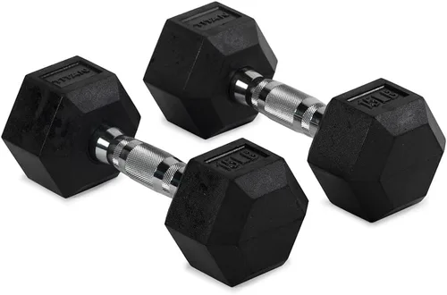 Miniatura 9 de Titan Fitness Pair Rubber Coated Hex Dumbbells, Roll-Resistant Hexagonal Free Weights, Chrome-Coated Handles with Knurling, Strength Training