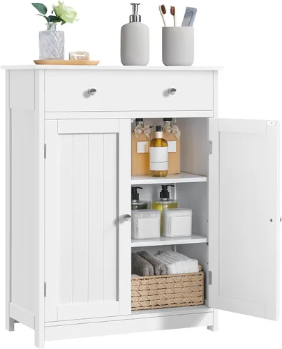 Miniatura 12 de Yaheetech Armario de almacenamiento para baño, armario de piso de baño con 2 puertas y 1 cajón, unidades de almacenamiento con 3 compartimentos