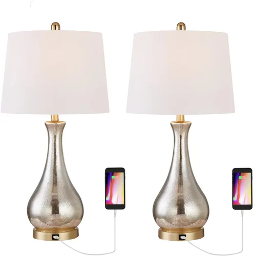 Miniatura 6 de Maxax Juego de 2 lámparas de mesa de cristal para sala de estar, lámparas de noche doradas de 26 pulgadas con puertos USB, lámparas de vidrio