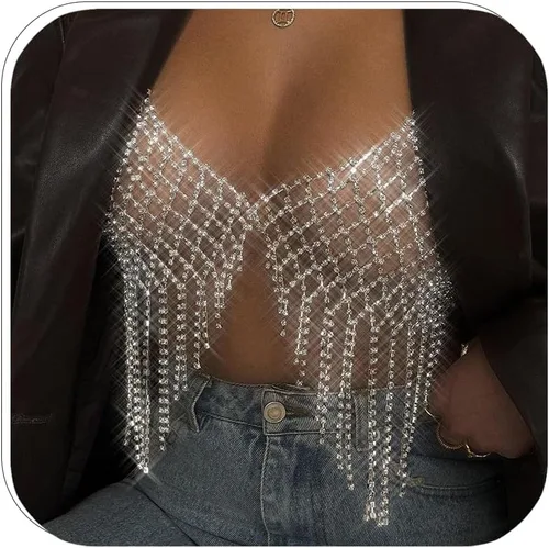 Cadena de pecho de malla con diamantes de imitación para mujer, sexy, borla de cristal, cadenas corporales, sujetador plateado, accesorios para