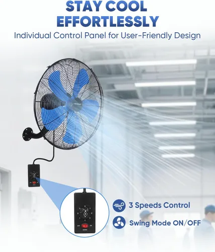 Miniatura 6 de KEN BROWN Ventilador oscilante industrial de alta velocidad de 18 pulgadas, 3 velocidades, ventilador de montaje en pared con máx. 4200 CFM
