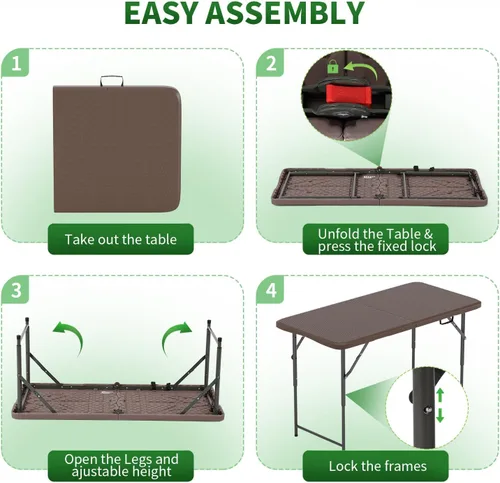 Miniatura 4 de BestOffice Mesa de picnic plegable de 4 pies, mesa de plástico para campamento, cerradura de mesa plegable para eventos de fiesta, color marrón