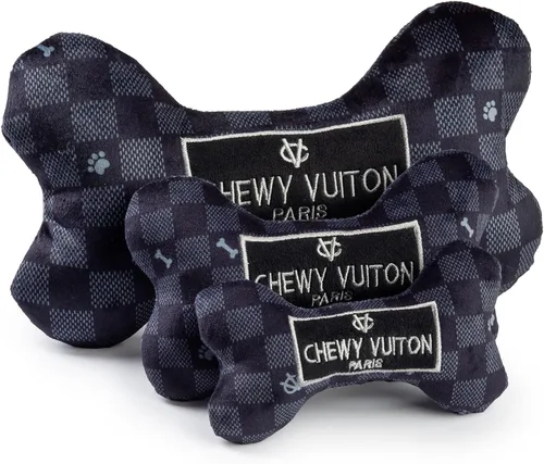 Miniatura 9 de Haute Diggity Dog Black Checker Chewy Vuiton Bone, Juguetes de Peluche de Diseñador para Perros con Chirriador Interactivo, Estimulante Hueso