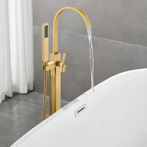 Miniatura 4 de Grifo de Bañera Independiente de Montaje en Piso Llenador de Bañera Latón Dorado Cepillado Grifos de Baño Mango Único con Ducha de Mano Oro cepillado