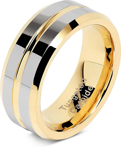Miniatura 2 de 100S JEWELRY Anillos de tungsteno personalizados para alianzas de boda para hombres, oro y plata, línea central acanalada de dos tonos, tamaño 6-16