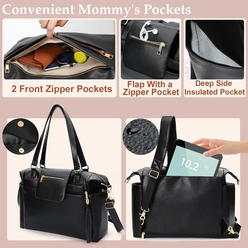 Miniatura 5 de Omanmoli Bolsa de pañales de cuero para pañales, mochila grande para pañales para bebé, 14 bolsas organizadoras, cambiador, correa cruzada, 4 Negro