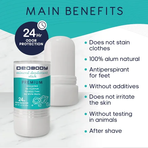 Miniatura 2 de Desodorante Natural de Cristal de Aluminio en Piedra. (120gr / 4.25Oz) Para Hombres y Mujeres. Antiperspirante para Sudor Fuerte de Axilas y Pies.