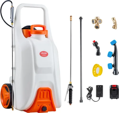 Miniatura 12 de VEVOR Pulverizador de mochila con batería de 4 galones con carro con ruedas, ajustable de 0-94 PSI, manguera de 13 pies, 6 boquillas, 2 varitas